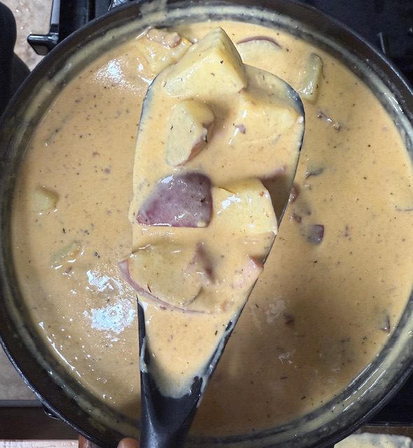 The boiled red potatoes are added to the soup to finish and stirred into the big black pot. 