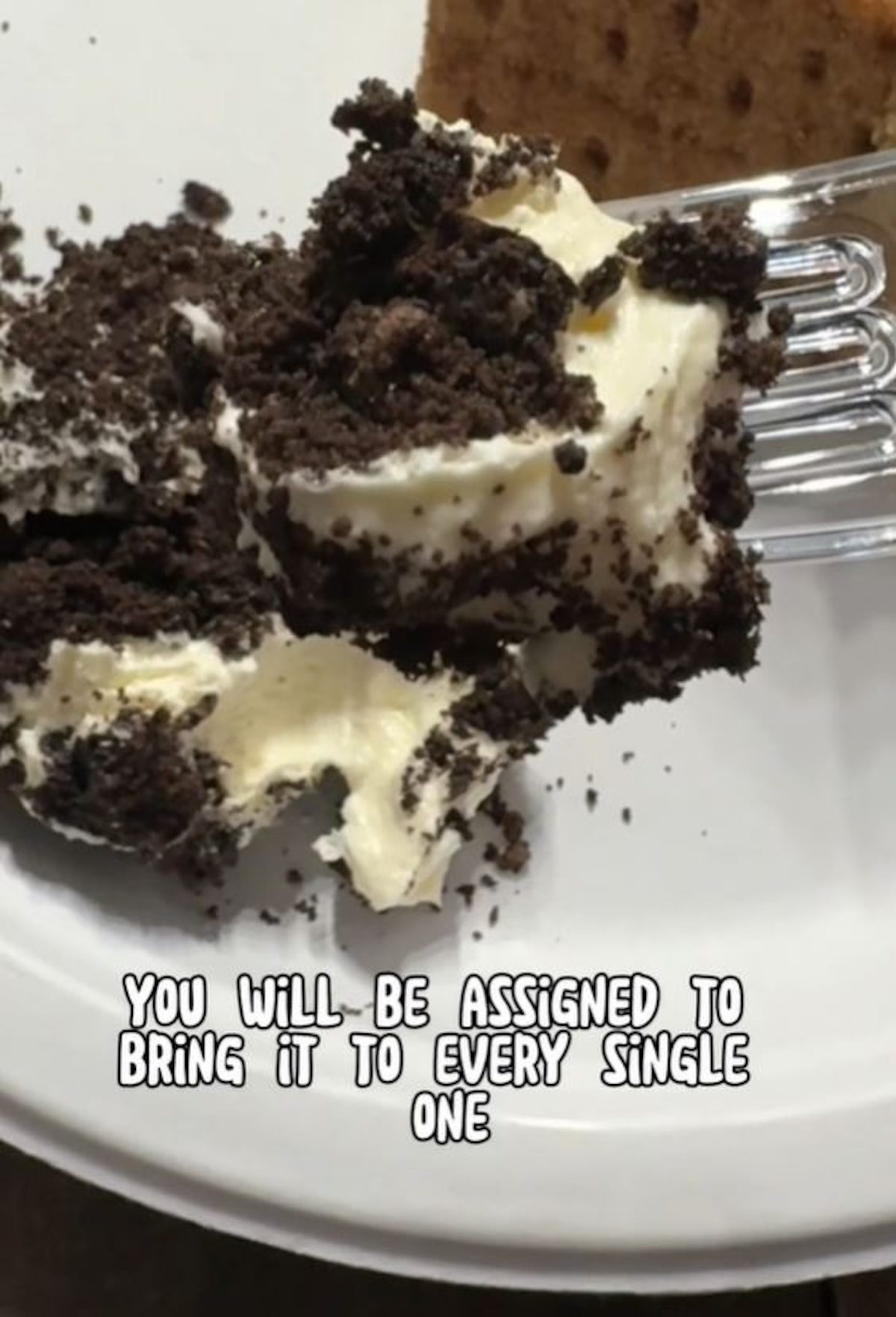 Oreo desset on a plastic fork.