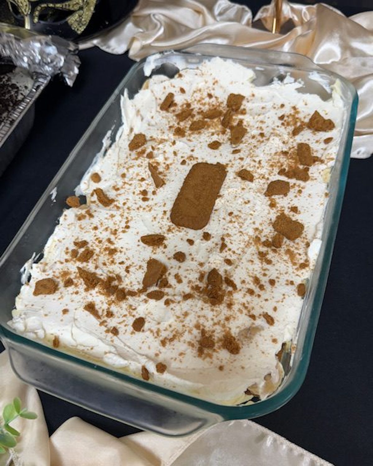Finished Biscoff Banana Pudding in baking dish.