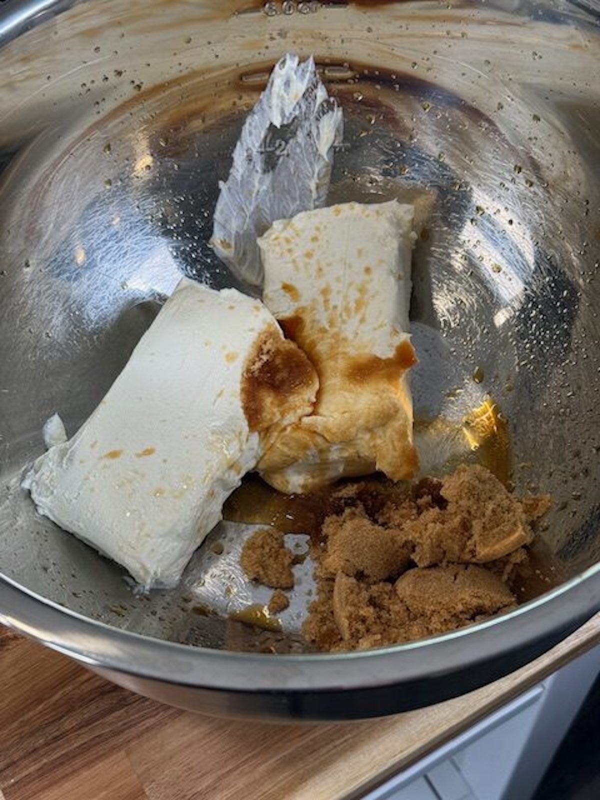 Mixing the cream cheese filling for banana pudding.