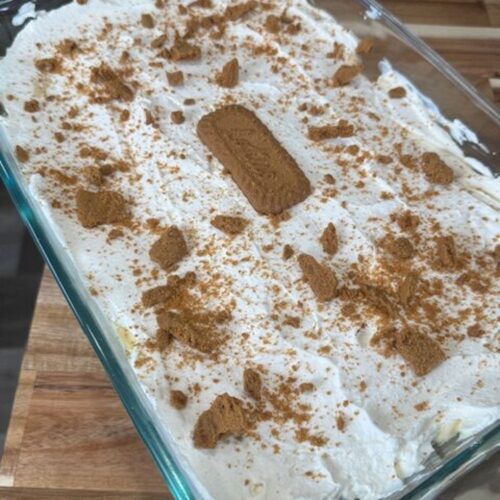 Finished Biscoff Banana Pudding in a baking dish.