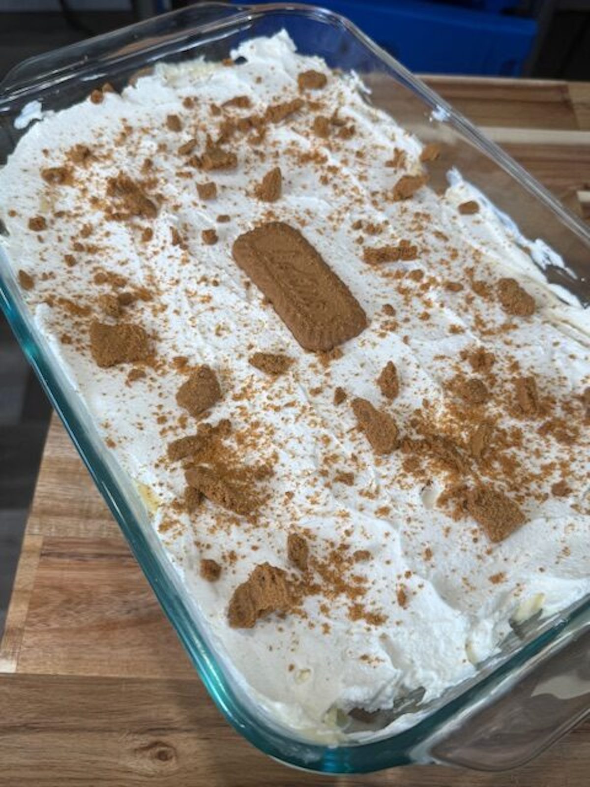 Finished Biscoff Banana Pudding in a baking dish.