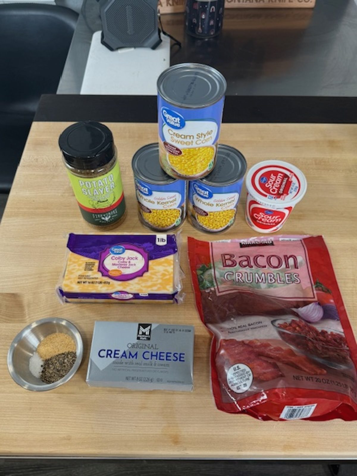 Ingredients for cheesy bacon corn dip.