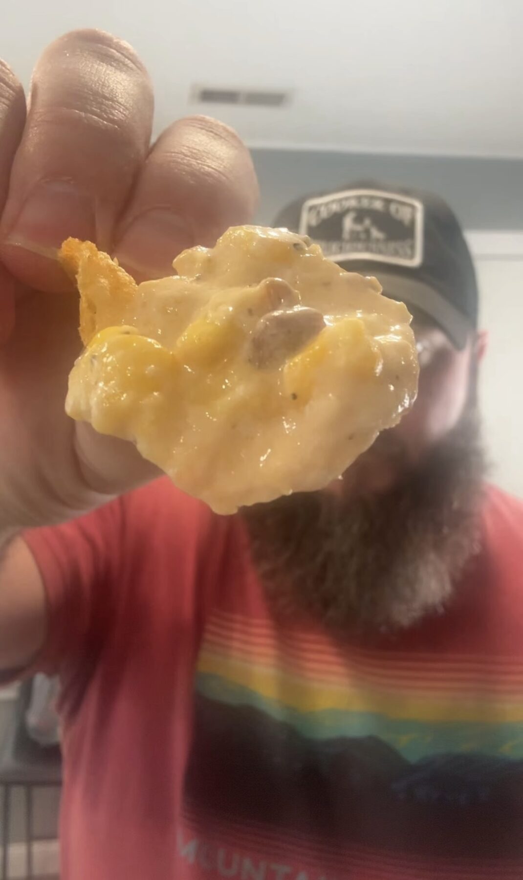 A hand lifting cheesy bacon corn dip on a chip.