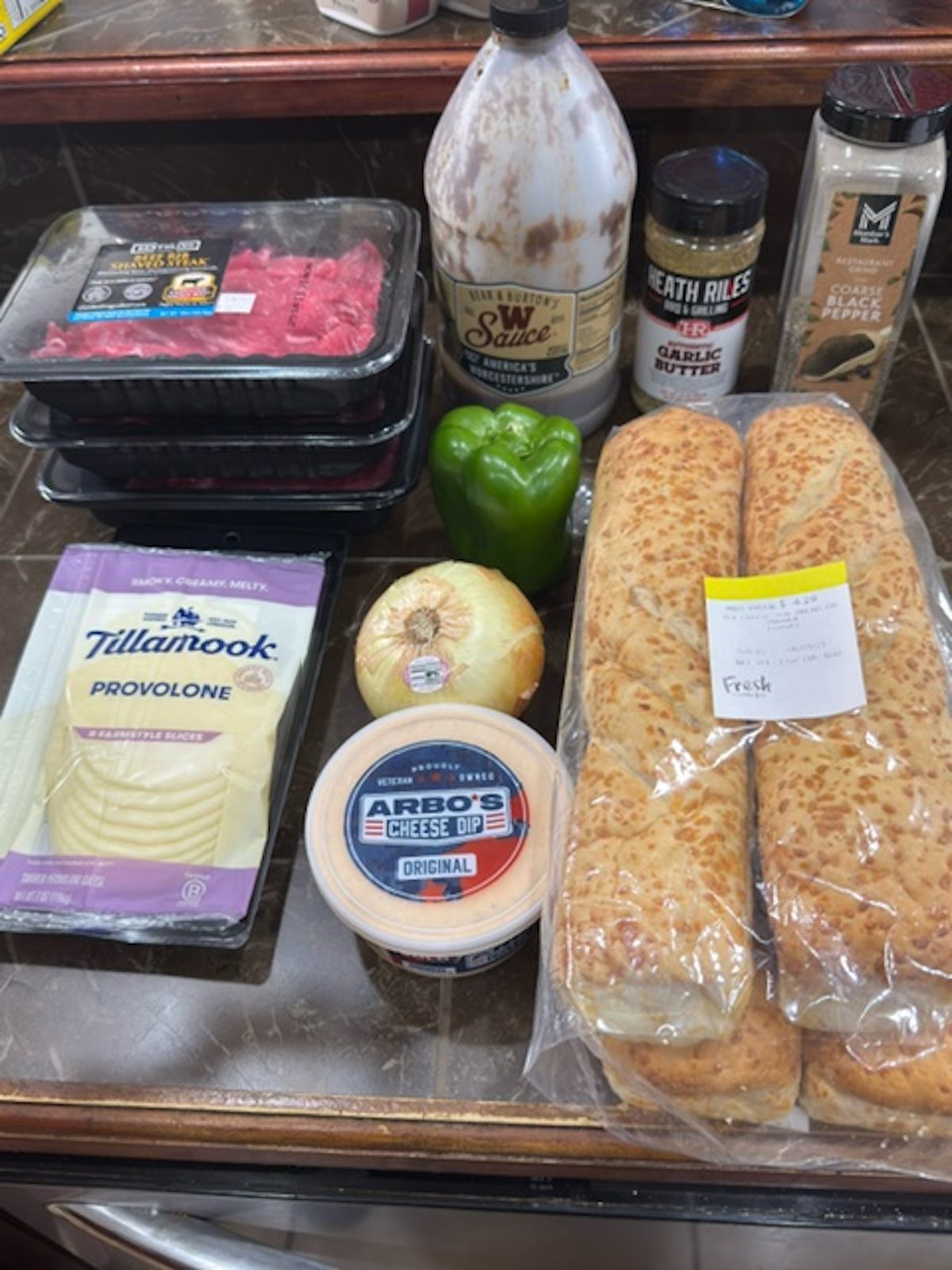 Ingredients for homemade philly cheesesteak recipe.