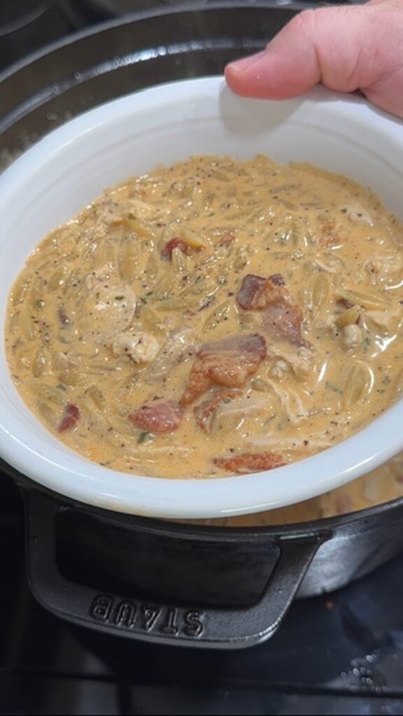 A hand holding a white bowl of crack chicken soup with orzo.