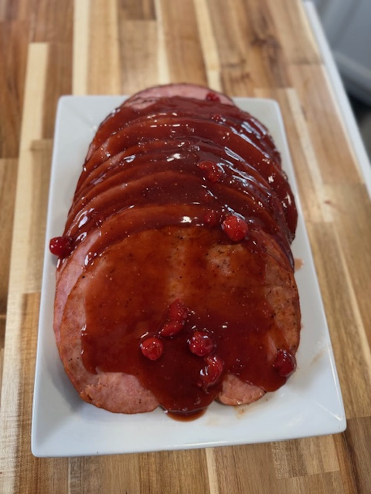 Glazed and sliced coca cola ham.