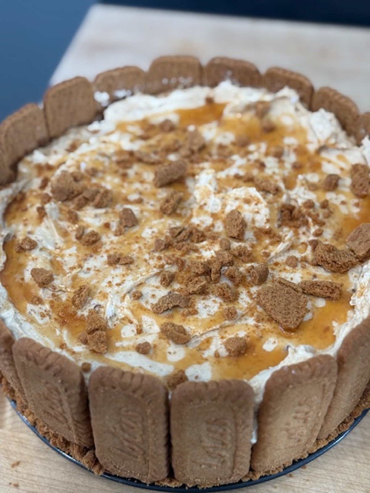 A close up image of biscoff no bake cheesecake.