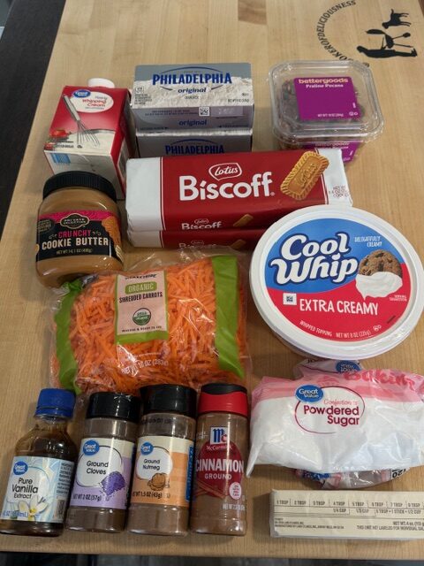Ingredients for carrot cake cheesecake.