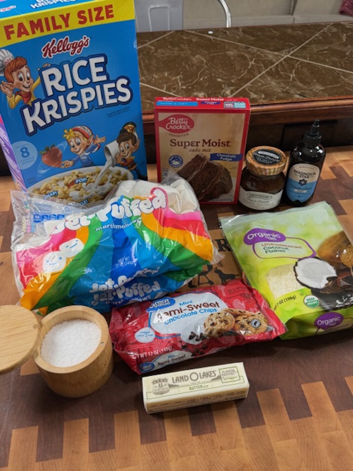 Ingredients for chocolate rice krispie treats.