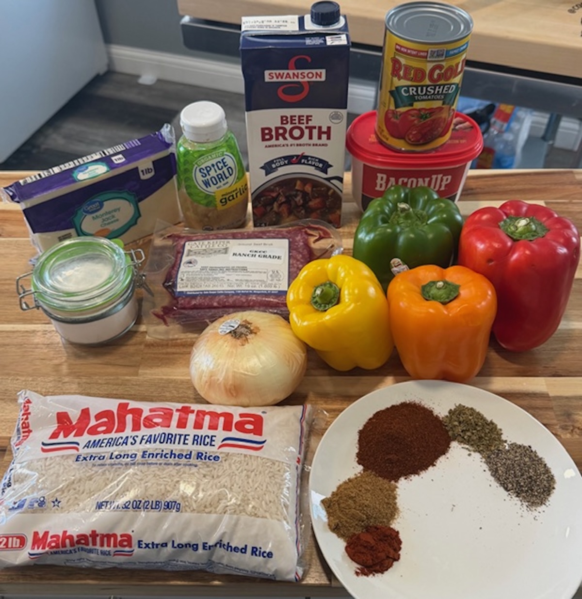 unstuffed peppers ingredients on wooden counter