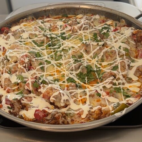 unstuffed pepper skillet finished and garnished in skillet