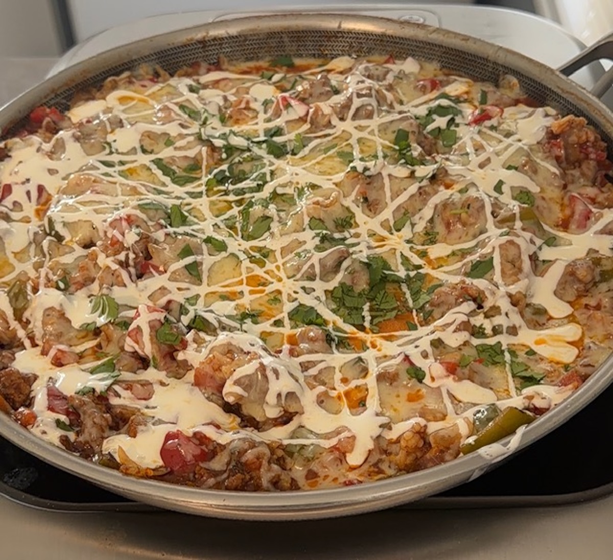 unstuffed pepper skillet finished and garnished in skillet