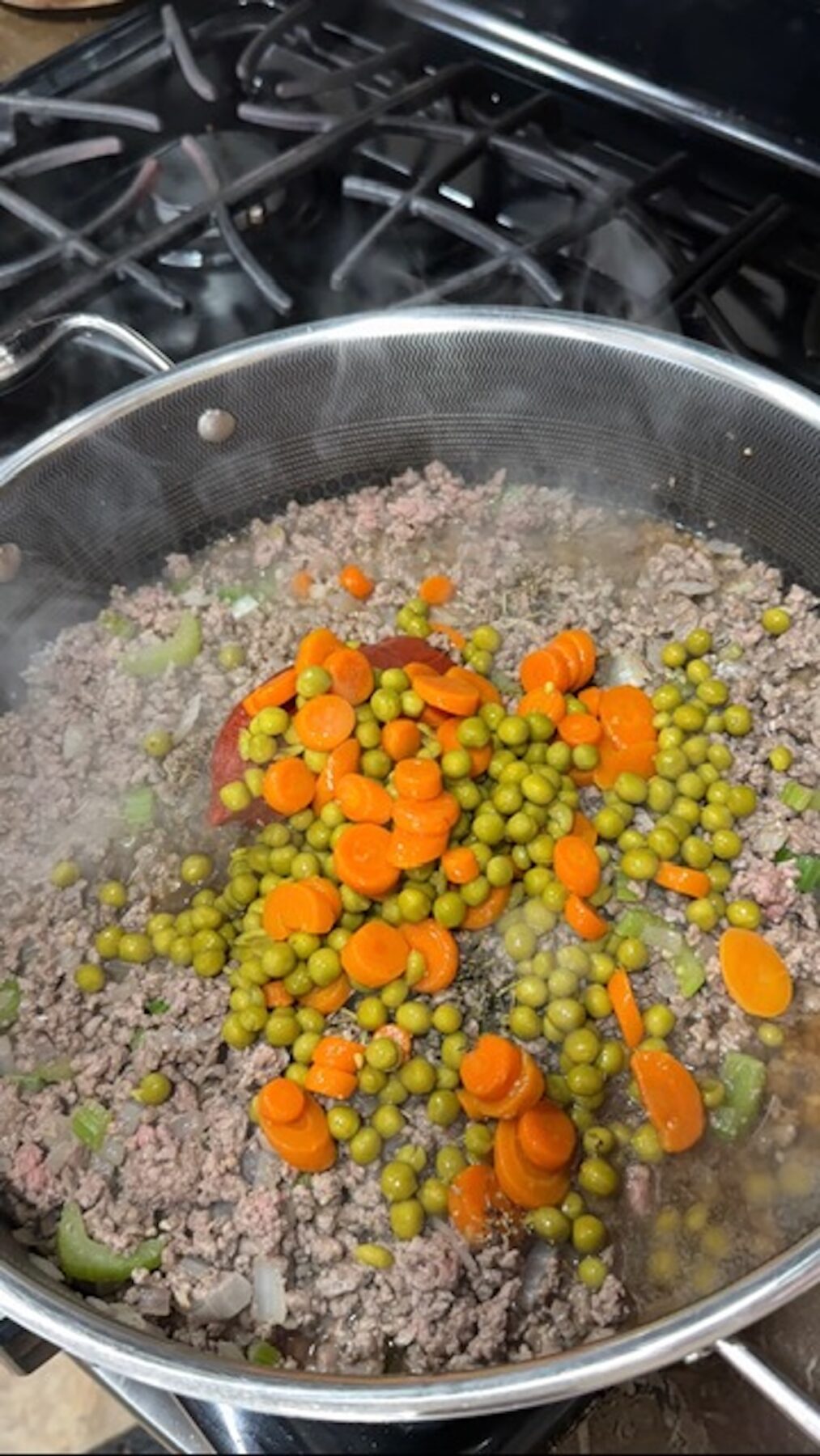 Beef, peas, carrots, celery, and onion cooking.