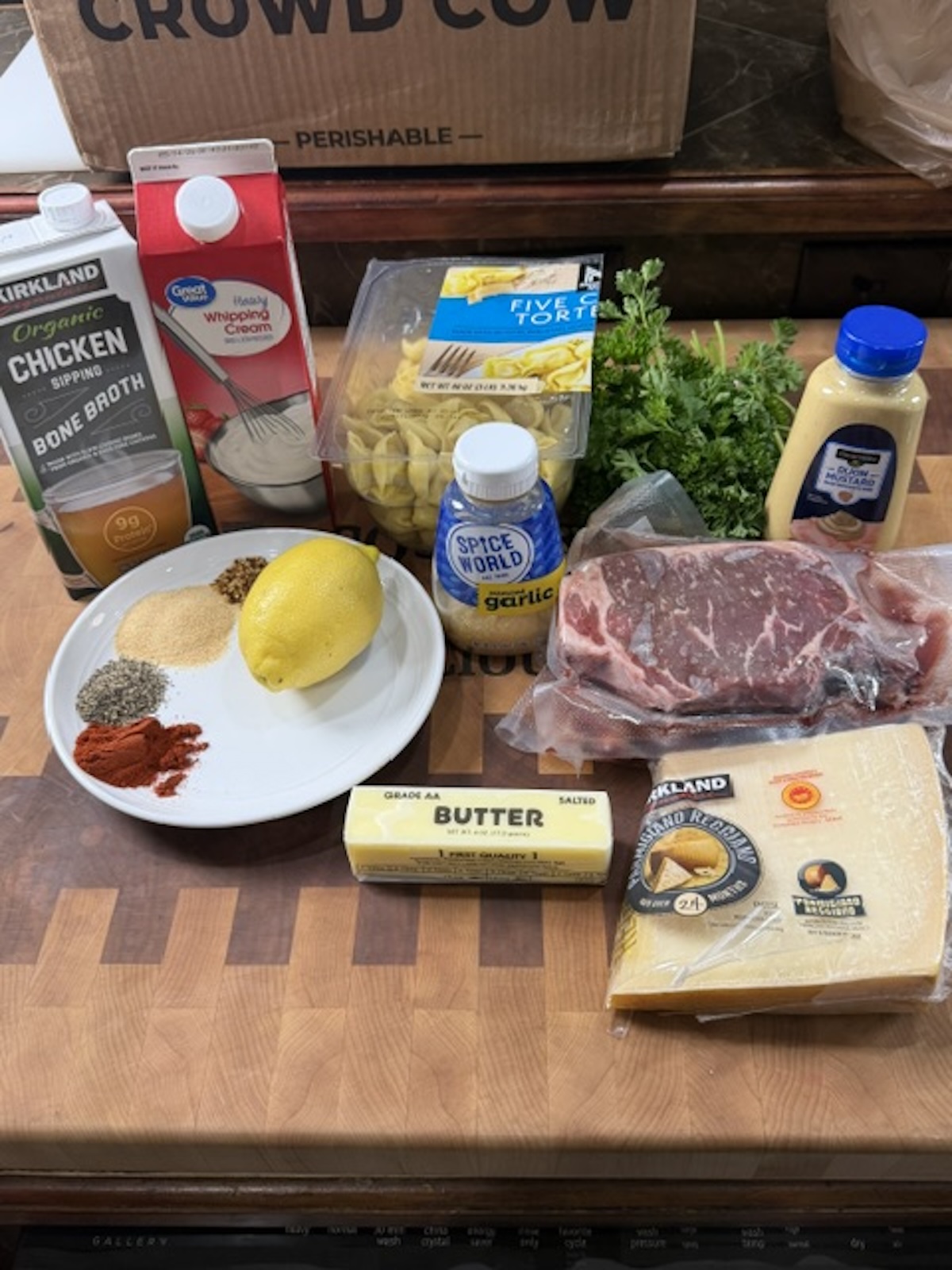 Ingredients for steak and cowboy butter tortellini.