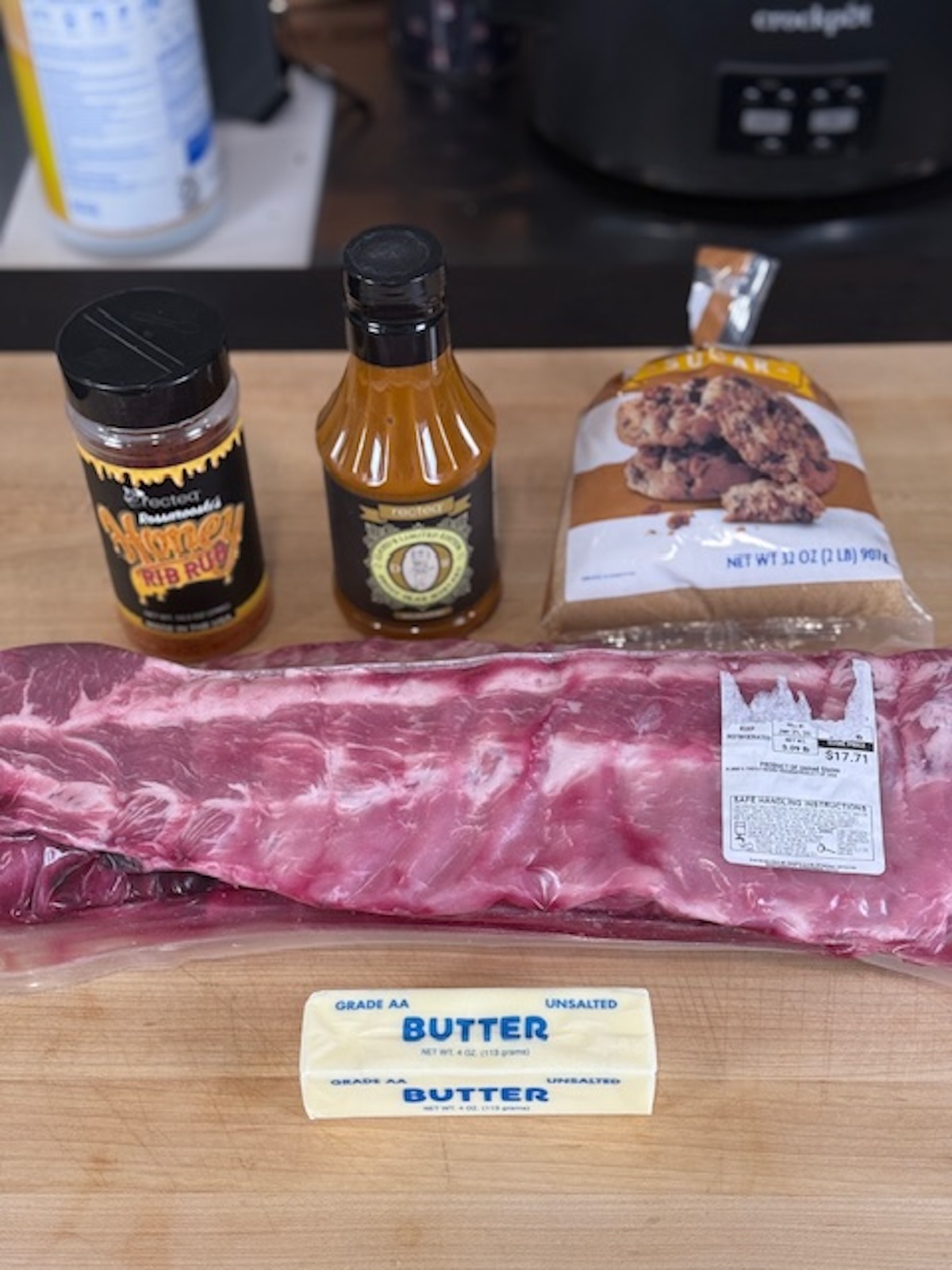 party ribs ingredients on wooden counter