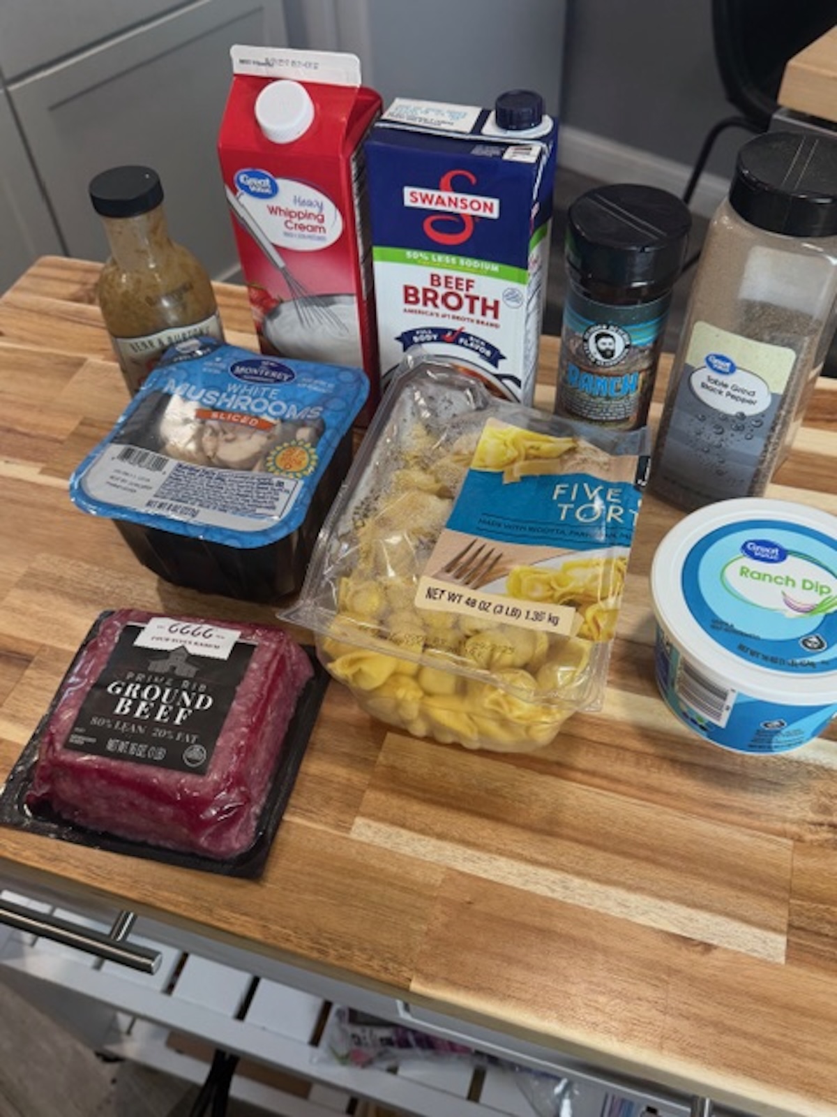 Ingredients for beef stroganoff tortellini.