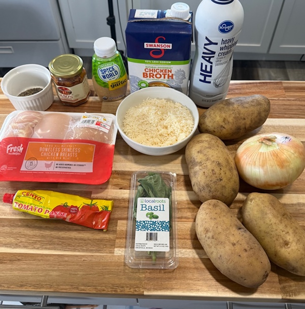 marry me chicken potato soup ingredients on wooden counter