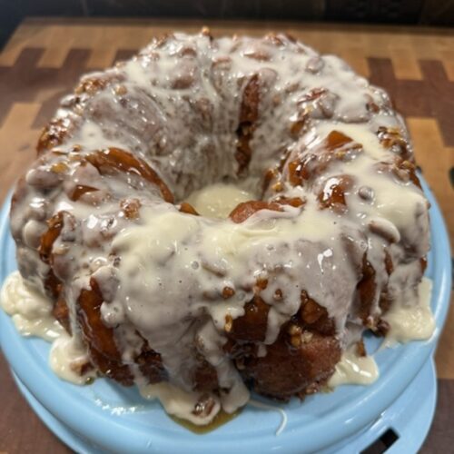 Monkey bread glazed with vanilla glaze.